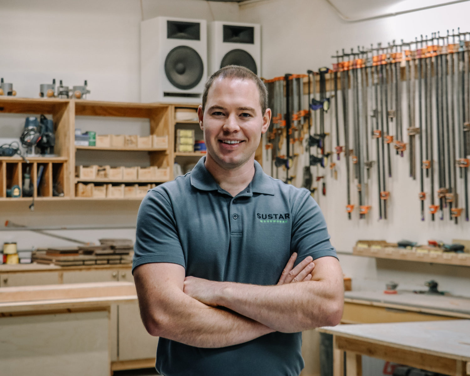 Ian Sustar in his Milwaukee workshop at Sustar Woodworks