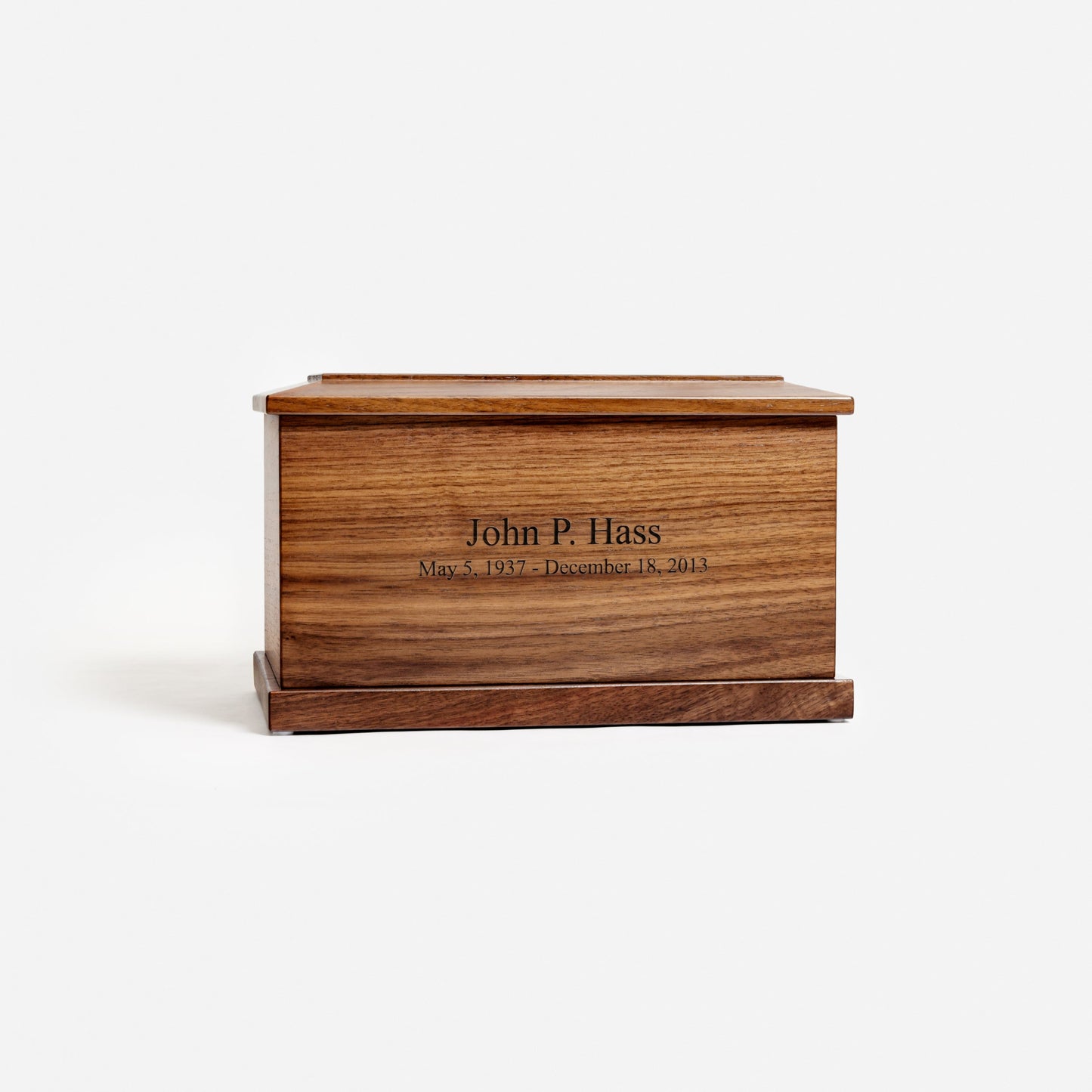 Front view of handcrafted walnut wood cremation urn – adult-size memorial urn with smooth lacquer finish