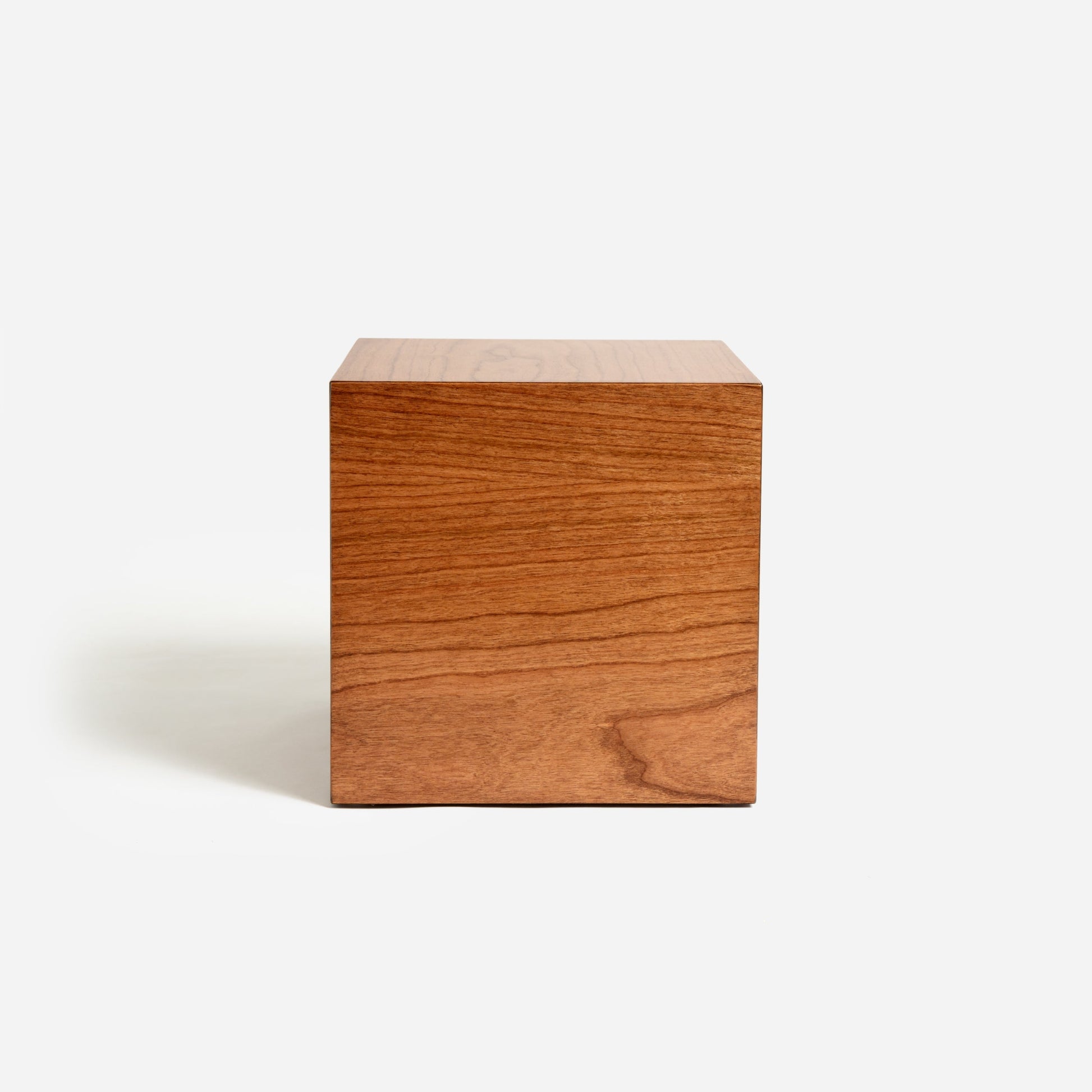 Side view of square-shaped cherry cremation urn – custom engraving available