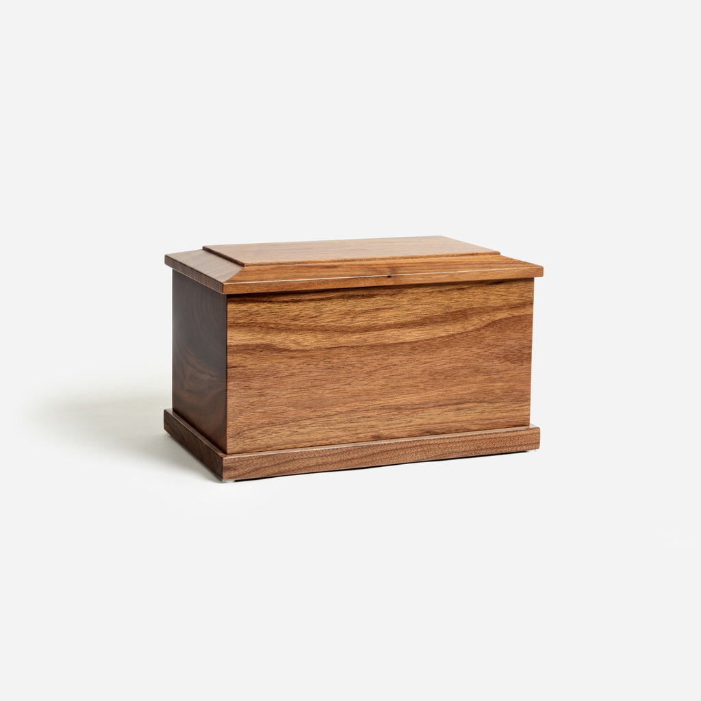 Back side of solid walnut urn for ashes – handmade wooden memorial piece