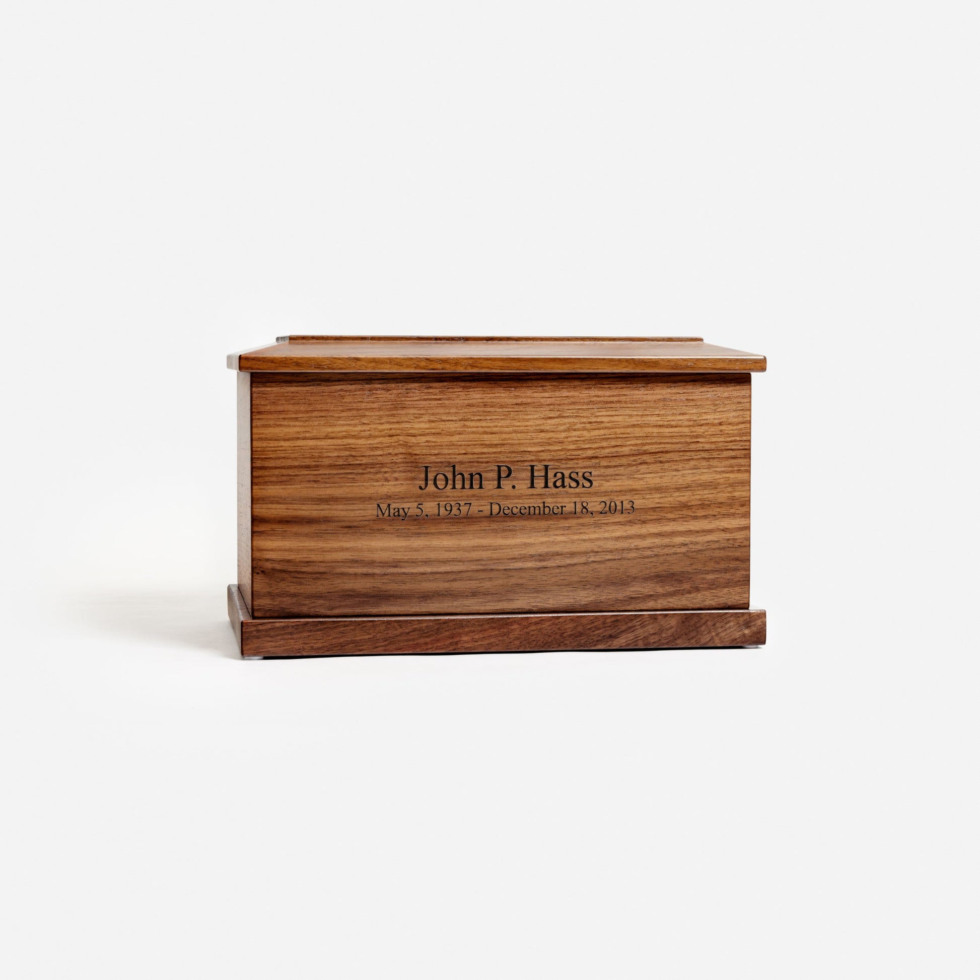 Front view of handcrafted walnut wood cremation urn – adult-size memorial urn with smooth lacquer finish