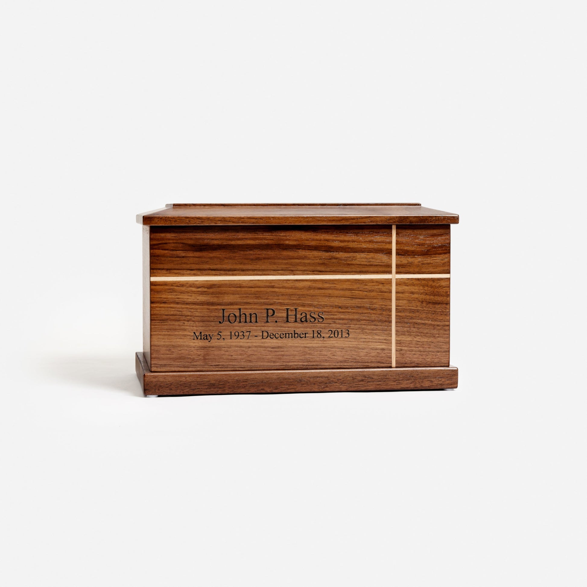Front view of handcrafted solid walnut cremation urn for ashes with lacquer finish – adult size