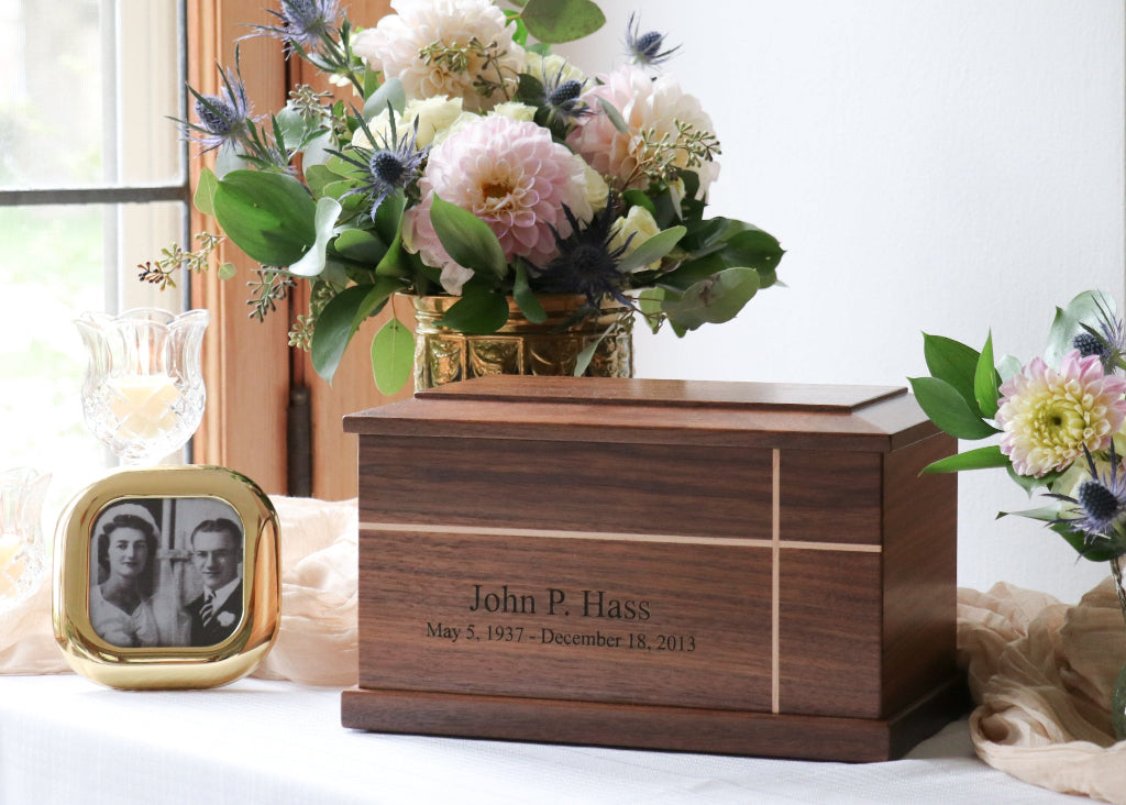 Walnut cremation urn displayed in home setting – dignified handcrafted memorial urn